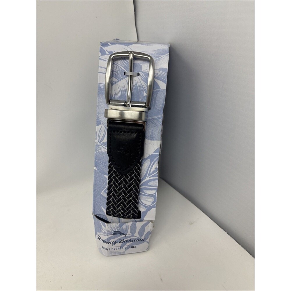 Tommy Bahama Men’s Reversible Stretch Braided Belt Black Gray S/M 32-36 NEW